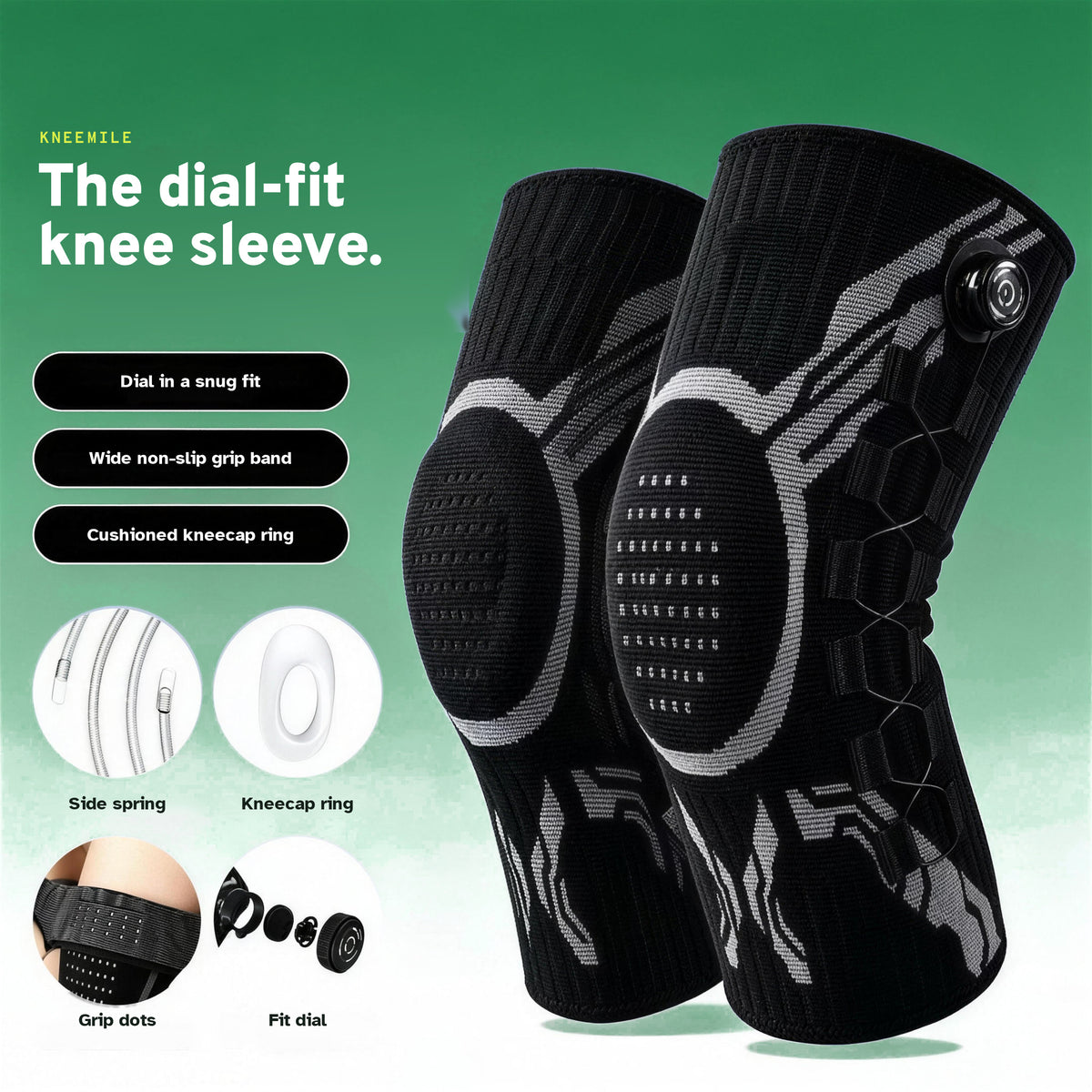 The KneeMile parts: side spring, silicone kneecap ring, grip dots and fit dial